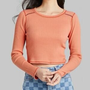 Mauby Ribbed Long Sleeve Crop Top Orange Contrast Stitch Fitted Tee Women’s S